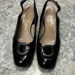 Salvatore Ferragamo Black Patent Leather Logo Slingback Pumps with Block Heels
